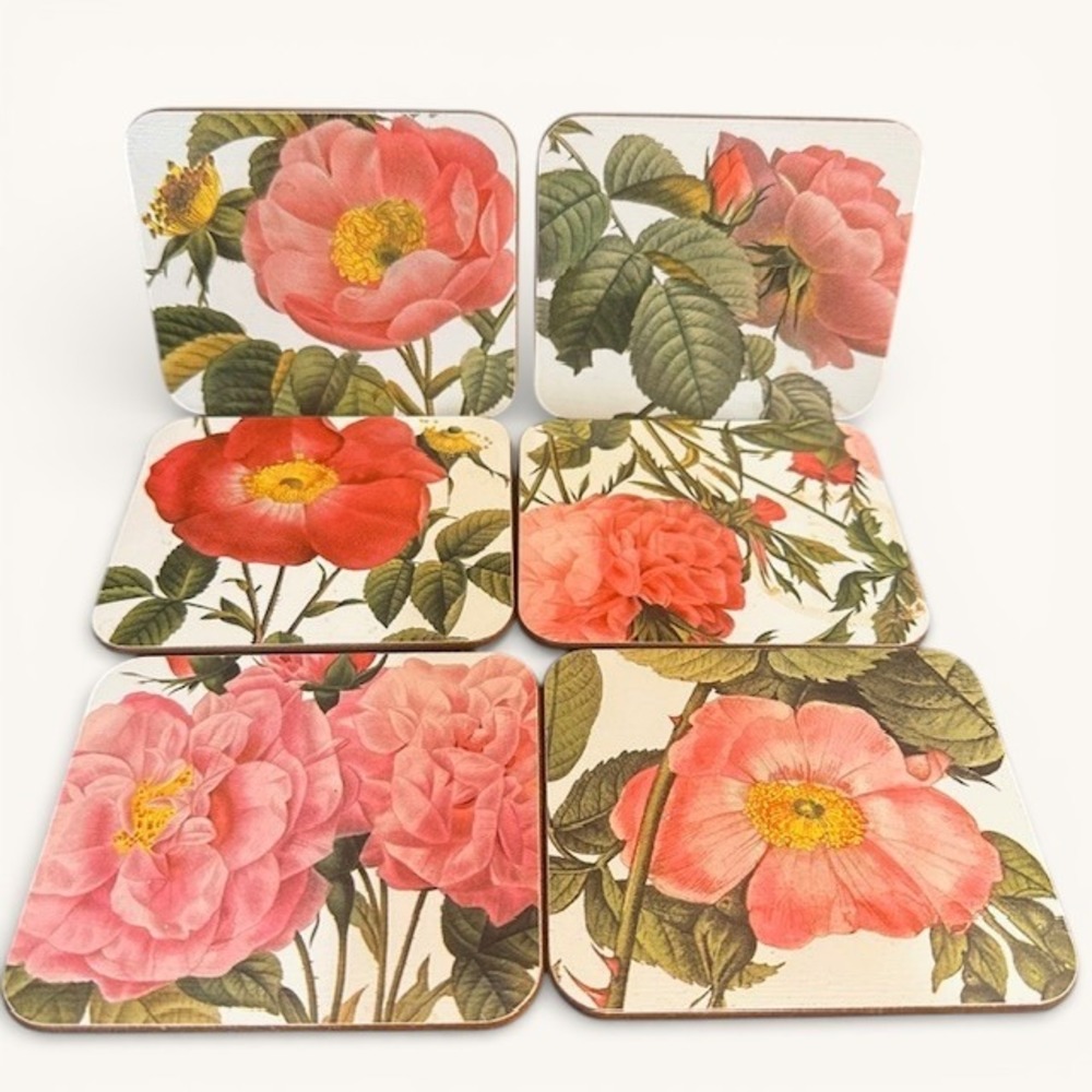 Set of 6 Vintage Botanical‎ Rose Coasters Floral Drinkware Table Protection